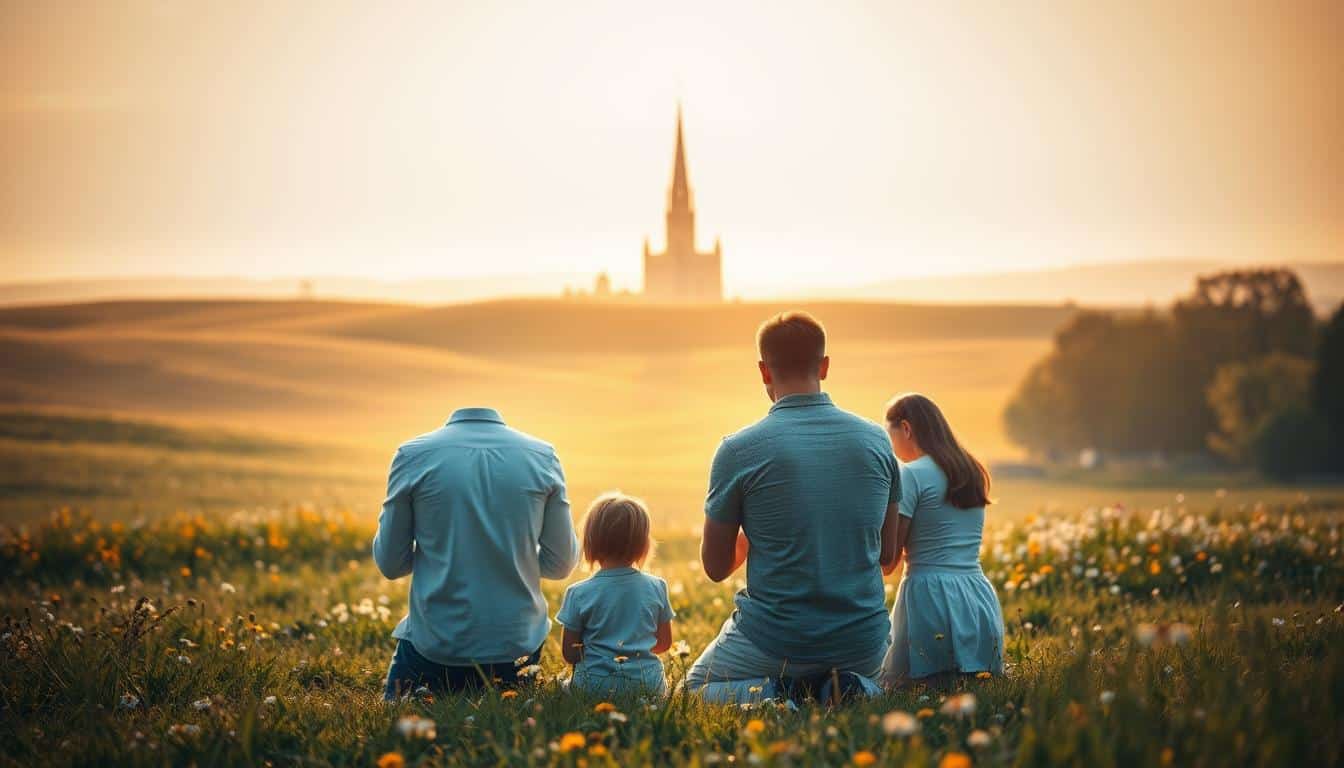 A beautifully serene and tranquil landscape, bathed in a soft, golden hue. In the foreground, a family kneeling together in prayer, their faces illuminated by a warm, celestial light. Behind them, a vast, rolling meadow dotted with wildflowers, leading to a distant horizon where a majestic, towering cathedral stands, its steeple reaching towards the heavens. The scene exudes a palpable sense of reverence, humility, and the restorative power of faith and repentance. Soft, diffused lighting creates a dreamlike, ethereal atmosphere, conveying the notion of divine intervention and the promise of redemption.