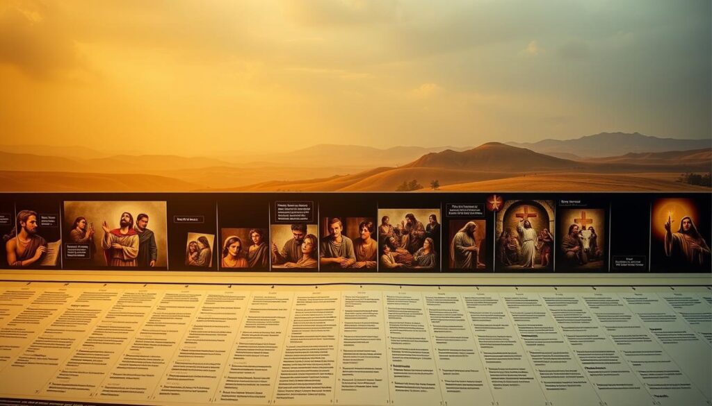 A chronological panorama of the life and miracles of Jesus, as told in the Gospel of Mark. In the foreground, a timeline depicting key events - the start of Jesus' ministry, his teachings, miracles, crucifixion, and resurrection. In the middle ground, detailed vignettes of these pivotal moments, rendered in a somber, reverent style with soft, natural lighting. In the background, a warm, ethereal landscape setting, evoking the sacred and divine nature of the narrative. The overall composition conveys a sense of historical narrative, spiritual significance, and the transformative power of Jesus' life and teachings.