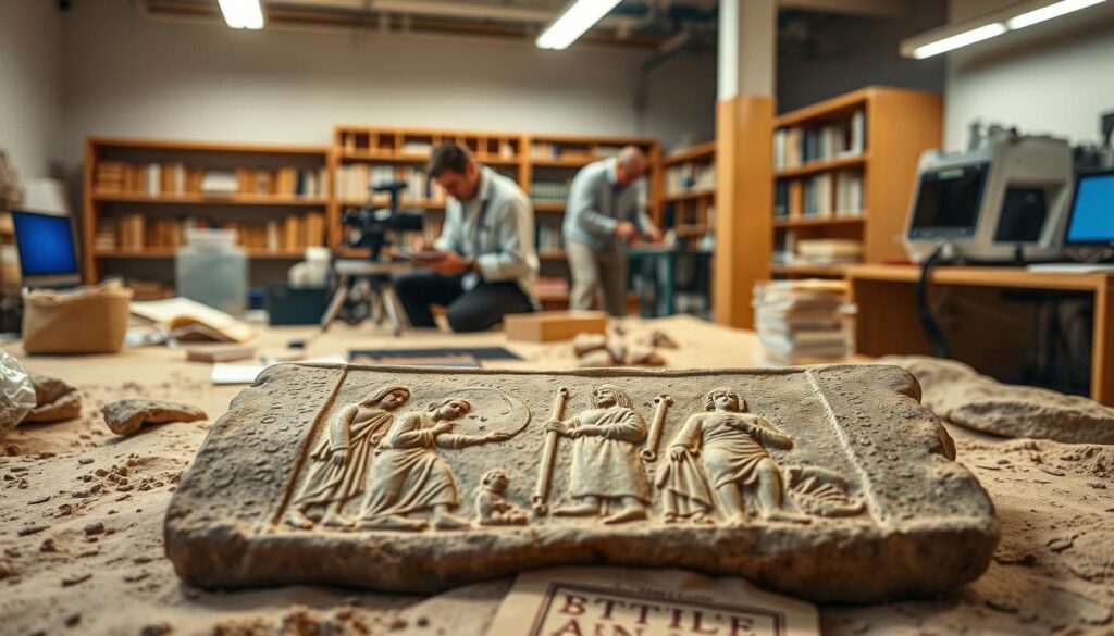 A contemporary archaeological site with ancient manuscripts and artifacts. In the foreground, an intricately carved stone tablet depicting biblical figures. In the middle ground, researchers carefully examining and documenting their findings, using state-of-the-art equipment. The background showcases a modern research laboratory, with shelves of books and computers. Soft, directional lighting creates a contemplative atmosphere, highlighting the significance of this important gospel text to ongoing scholarly investigations. The scene conveys a sense of dedicated, meticulous research advancing our understanding of early Christian history. A contemporary archaeological site with ancient manuscripts and artifacts. In the foreground, an intricately carved stone tablet depicting biblical figures. In the middle ground, researchers carefully examining and documenting their findings, using state-of-the-art equipment. The background showcases a modern research laboratory, with shelves of books and computers. Soft, directional lighting creates a contemplative atmosphere, highlighting the significance of this important gospel text to ongoing scholarly investigations. The scene conveys a sense of dedicated, meticulous research advancing our understanding of early Christian history.