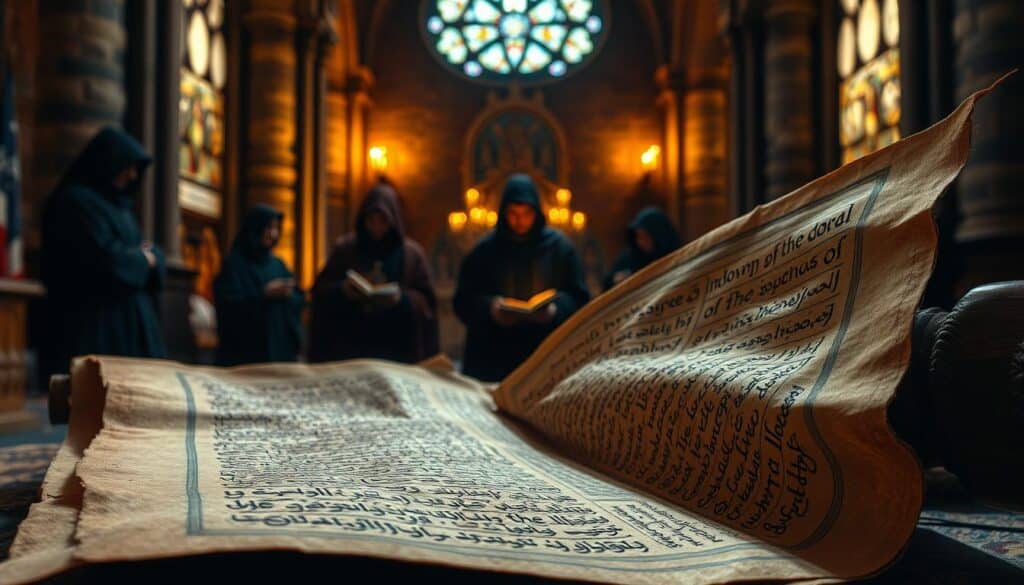 A detailed historical scroll depicting the ancient Christian traditions of the Gospel of the Hebrews. The foreground showcases the sacred text, its pages weathered and worn, unraveling to reveal intricate calligraphic illustrations. In the middle ground, robed figures reverently study the manuscript, their faces illuminated by a warm, golden light. The background depicts a dimly lit, ecclesiastical setting, with towering stone archways and stained-glass windows casting a soft, ethereal glow. The overall atmosphere is one of reverence, contemplation, and the timeless legacy of this important early Christian text. A detailed historical scroll depicting the ancient Christian traditions of the Gospel of the Hebrews. The foreground showcases the sacred text, its pages weathered and worn, unraveling to reveal intricate calligraphic illustrations. In the middle ground, robed figures reverently study the manuscript, their faces illuminated by a warm, golden light. The background depicts a dimly lit, ecclesiastical setting, with towering stone archways and stained-glass windows casting a soft, ethereal glow. The overall atmosphere is one of reverence, contemplation, and the timeless legacy of this important early Christian text.