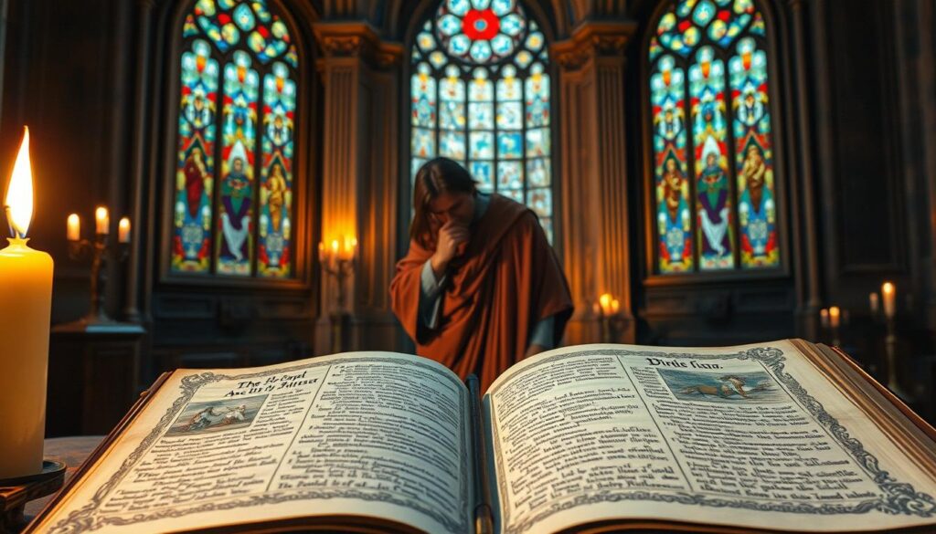 A detailed oil painting depicting the cultural influence of the Gospel of the Nazarenes on early Christian literature. The foreground showcases an open ancient manuscript, its pages illuminated by a warm candlelight. Intricate illustrations adorn the margins, reflecting the gospel's narrative and symbolic motifs. In the middle ground, a scholar in a flowing robe pores over the text, deep in contemplation. The background reveals a grand cathedral interior, its stained-glass windows casting ethereal, jewel-toned light across the scene. The overall atmosphere evokes a sense of reverence, scholarship, and the enduring impact of this early Christian text on the development of Christian thought and literature.