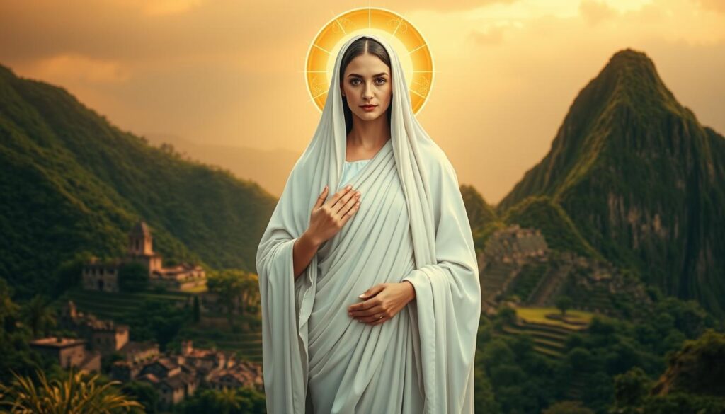 A devout and resolute woman, María Magdalena stands tall, her gaze filled with wisdom and determination. A halo of golden light emanates from her, illuminating her serene yet commanding presence. She is robed in flowing white garments, a symbol of her purity and spiritual authority. In the middle ground, a lush, verdant landscape unfolds, with ancient buildings and structures hinting at the historical significance of her role. The background is bathed in a warm, amber glow, creating an atmosphere of reverence and contemplation. The composition is balanced, with María Magdalena positioned as the central, commanding figure, commanding attention and respect. A devout and resolute woman, María Magdalena stands tall, her gaze filled with wisdom and determination. A halo of golden light emanates from her, illuminating her serene yet commanding presence. She is robed in flowing white garments, a symbol of her purity and spiritual authority. In the middle ground, a lush, verdant landscape unfolds, with ancient buildings and structures hinting at the historical significance of her role. The background is bathed in a warm, amber glow, creating an atmosphere of reverence and contemplation. The composition is balanced, with María Magdalena positioned as the central, commanding figure, commanding attention and respect.