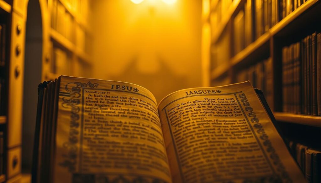 A dimly lit, ancient library setting featuring a close-up view of an ornately decorated manuscript page from the Nag Hammadi collection. The page's intricate calligraphy and illuminations are bathed in warm, golden light, casting a reverent, scholarly atmosphere. The background is hazy and out of focus, drawing the viewer's attention to the central text. The image conveys a sense of historical significance and the careful preservation of these gnostic teachings attributed to Jesus. A dimly lit, ancient library setting featuring a close-up view of an ornately decorated manuscript page from the Nag Hammadi collection. The page's intricate calligraphy and illuminations are bathed in warm, golden light, casting a reverent, scholarly atmosphere. The background is hazy and out of focus, drawing the viewer's attention to the central text. The image conveys a sense of historical significance and the careful preservation of these gnostic teachings attributed to Jesus.