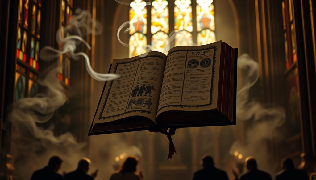 A dimly-lit cathedral interior, the stained glass windows casting a warm, ethereal glow. In the center, a large, ornate tome floats in the air, its pages flipping open to reveal intricate theological symbols and illustrations from the Gospel of Nicodemus. Wisps of smoke curl around the book, creating an atmosphere of reverence and mysticism. The background is hazy, with shadowy figures kneeling in prayer, their faces obscured in contemplation. The overall tone is one of profound spiritual significance, capturing the thematic essence of "Temas teológicos y simbólicos relevantes" within the Gospel of Nicodemus.