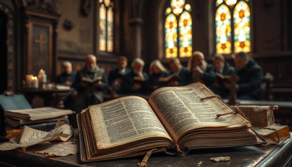 A dimly lit church interior, the stained glass casting a warm, reverent glow. In the foreground, a weathered, leather-bound book lies open on a podium, its pages yellowed with age. Surrounding it, fragments of parchment and tattered documents are scattered, hinting at the apocryphal texts attributed to Bartholomew the Apostle. In the background, a group of scholars pore over the ancient manuscripts, their expressions a mix of curiosity and reverence. The scene conveys a sense of historical weight and the enduring influence of these mysterious, long-hidden writings on the Christian tradition. A dimly lit church interior, the stained glass casting a warm, reverent glow. In the foreground, a weathered, leather-bound book lies open on a podium, its pages yellowed with age. Surrounding it, fragments of parchment and tattered documents are scattered, hinting at the apocryphal texts attributed to Bartholomew the Apostle. In the background, a group of scholars pore over the ancient manuscripts, their expressions a mix of curiosity and reverence. The scene conveys a sense of historical weight and the enduring influence of these mysterious, long-hidden writings on the Christian tradition.