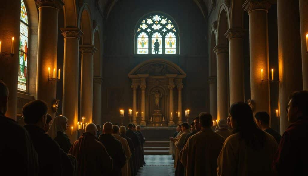A dimly lit interior of an early Christian church, illuminated by the warm glow of flickering candles and the filtered light streaming through stained glass windows. In the foreground, a group of worshippers, robed in simple garments, are engaged in a solemn theological discussion, their expressions contemplative and reverent. In the middle ground, a grand, ornate altar stands as the centerpiece, adorned with intricate carvings and religious iconography. The background is filled with the shadows of ancient columns and arches, conveying a sense of timeless tradition and the weight of the early Christian heritage. The atmosphere is one of reverence, spirituality, and the earnest exploration of the Gospel's message by the faithful.