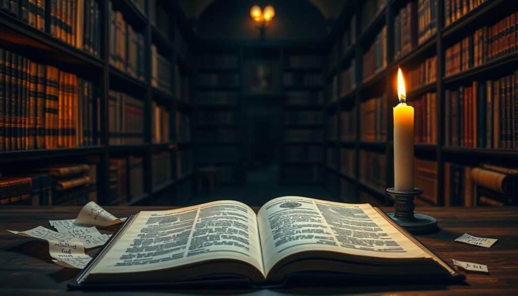 A dimly lit library interior, with rows of ancient tomes lining the shelves. In the foreground, an open book lies on a wooden table, its pages illuminated by a single candle's flickering flame. Surrounding the book are fragments of parchment, scrawled with mystical symbols and cryptic text - clues to the nature of the Gospel of Bartholomew and its relationship to other apocryphal gospels. The background is shrouded in shadows, hinting at the mysteries and hidden knowledge contained within these obscure texts. The lighting is warm and moody, creating an atmosphere of scholarly contemplation and occult discovery.