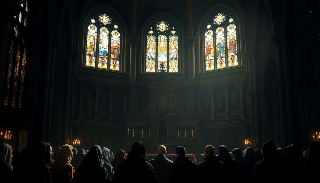 A dimly lit medieval church interior, with stained glass windows casting soft, ethereal light. In the foreground, a group of figures dressed in robes and cloaks gather around a central figure, their faces etched with reverence and awe. In the middle ground, an ornate altar dominates the scene, its intricate carvings and gilded details reflecting the sacred nature of the event. The background fades into the shadowy recesses of the church, hinting at the weight of history and the mysticism of the Passion and Resurrection narratives. The overall atmosphere is one of solemnity and wonder, as if the viewer is witnessing a pivotal moment in the Evangelio de Nicodemo.