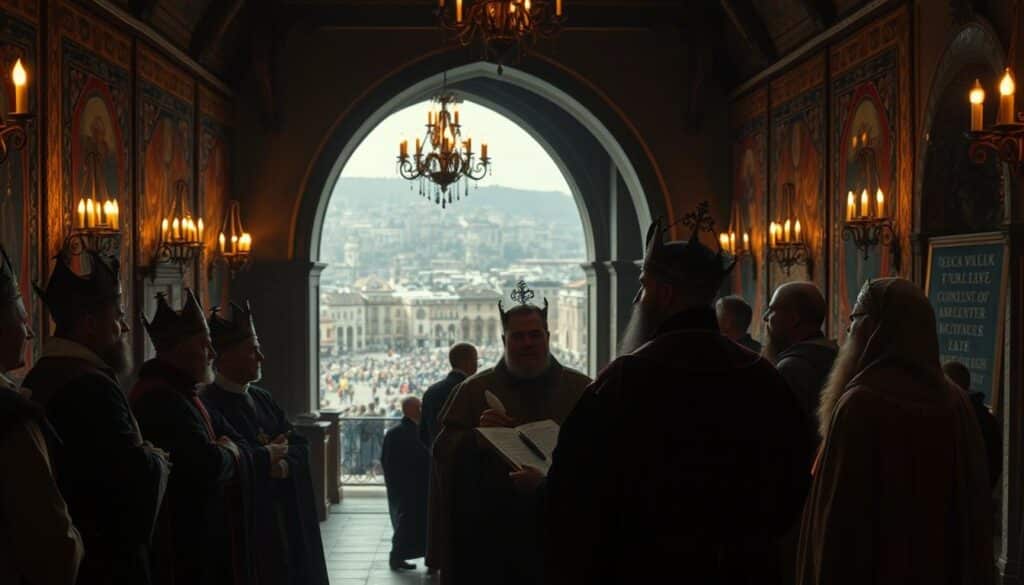 A dimly lit medieval hall, its walls adorned with tapestries and ornate chandeliers casting a warm glow. In the foreground, a group of noblemen and clergy gather, engaged in animated discussion, their flowing robes and intricate headdresses suggesting a scene of solemn ceremony. In the middle ground, a scribe meticulously documents the proceedings, the scratch of his quill upon parchment echoing the hushed reverence of the moment. Beyond, the grand archway frames a glimpse of the bustling city outside, hinting at the broader cultural context of this medieval reception. The overall atmosphere evokes a sense of reverence, tradition, and the enduring power of religious devotion. A dimly lit medieval hall, its walls adorned with tapestries and ornate chandeliers casting a warm glow. In the foreground, a group of noblemen and clergy gather, engaged in animated discussion, their flowing robes and intricate headdresses suggesting a scene of solemn ceremony. In the middle ground, a scribe meticulously documents the proceedings, the scratch of his quill upon parchment echoing the hushed reverence of the moment. Beyond, the grand archway frames a glimpse of the bustling city outside, hinting at the broader cultural context of this medieval reception. The overall atmosphere evokes a sense of reverence, tradition, and the enduring power of religious devotion.