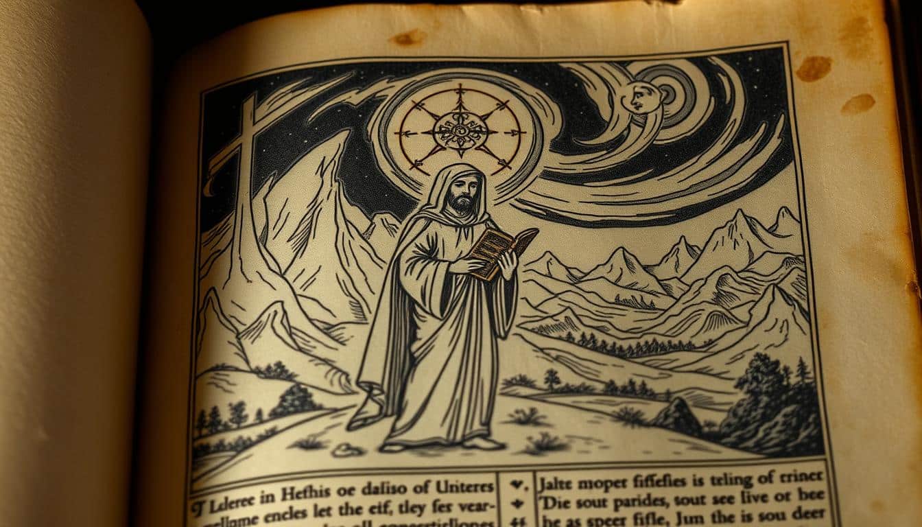 A dimly lit medieval manuscript page, the edges worn and yellowed, revealing an intricate, hand-drawn illustration depicting the Evangelio de Bartolomé. The central figure, a hooded and cloaked man, stands solemnly, holding an ancient tome, surrounded by a halo of ethereal light. In the background, a swirling, mystical landscape unfolds, with towering mountains, winding rivers, and a starry night sky that fills the viewer with a sense of wonder and the mystique of these apocryphal texts attributed to the apostle Bartolomé.