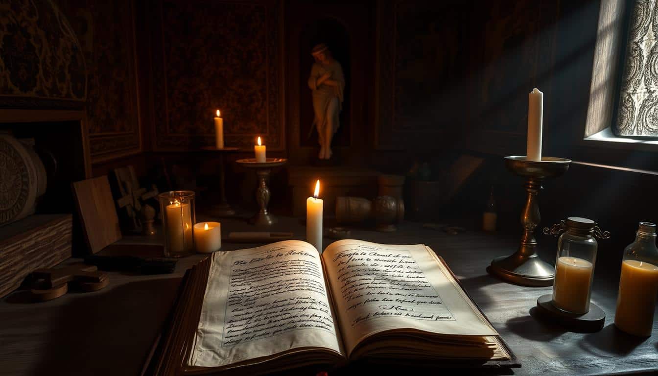 A dimly lit medieval scriptorium, the air thick with the scent of parchment and candlewax. In the center, a weathered tome lies open, its pages illuminated by the warm glow of a single candle. The text, written in an elegant, flowing script, appears to be the "Evangelio de los Hebreos," an ancient Christian gospel. Around the book, the room is filled with symbols of faith - a crucifix, a chalice, and vials of sacred oils. The walls are adorned with intricate tapestries, their patterns casting dancing shadows across the scene. The overall mood is one of reverence and contemplation, inviting the viewer to immerse themselves in the rich history and traditions of the early Christian church.