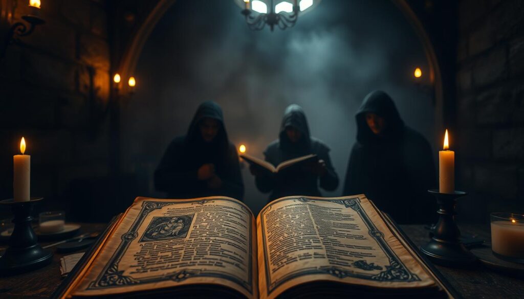 A dimly lit, medieval-style interior scene depicting the "Contenido Evangelio de Bartolomé". In the foreground, an ancient, weathered manuscript lies open, its pages illuminated by the soft glow of candles. Intricate, ornate illustrations adorn the margins, hinting at the esoteric and mystical nature of the text. In the middle ground, shadowy figures, cloaked in hooded robes, pore over the manuscript, their expressions pensive and thoughtful. The background is shrouded in a hazy, atmospheric darkness, suggesting the hidden, secretive nature of the apocryphal Gospel of Bartholomew. The overall mood is one of reverence, contemplation, and a sense of the arcane and the mystical.