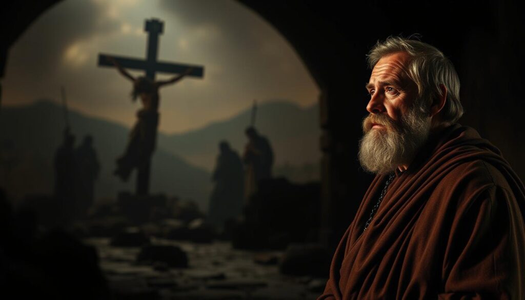 A dimly lit, medieval-style scene depicting the Apostle Peter's perspective on the Gospel story. In the foreground, a weathered, robed figure - Peter himself - stands in contemplation, his face etched with a lifetime of experiences. The middle ground features a dramatic, shadowy interpretation of key Gospel events, such as the Crucifixion and Resurrection, conveying a sense of profound spiritual significance. The background is a moody, atmospheric landscape, hinting at the broader historical and theological context. The lighting is subdued, with dramatic chiaroscuro effects, lending an air of reverence and solemnity. The overall composition and style evoke a sense of ancient, sacred text - a window into the mindset of the Apostle Peter as he recounts the Evangel.