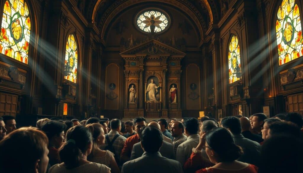 A dimly lit, ornately decorated church interior in Mexico City. In the foreground, a crowd of people in traditional Mexican garb gather in a heated discussion, their faces animated with surprise and confusion. Rays of golden light filter through stained glass windows, casting a warm glow over the scene. In the background, a towering altar stands as a focal point, its intricate carvings and religious iconography hinting at the cultural and spiritual significance of the event unfolding. The atmosphere is one of tension and uncertainty, reflecting the public's reaction to the revelation of a "Secret Gospel of Mark" and its potential impact on religious and social norms. A dimly lit, ornately decorated church interior in Mexico City. In the foreground, a crowd of people in traditional Mexican garb gather in a heated discussion, their faces animated with surprise and confusion. Rays of golden light filter through stained glass windows, casting a warm glow over the scene. In the background, a towering altar stands as a focal point, its intricate carvings and religious iconography hinting at the cultural and spiritual significance of the event unfolding. The atmosphere is one of tension and uncertainty, reflecting the public's reaction to the revelation of a "Secret Gospel of Mark" and its potential impact on religious and social norms.