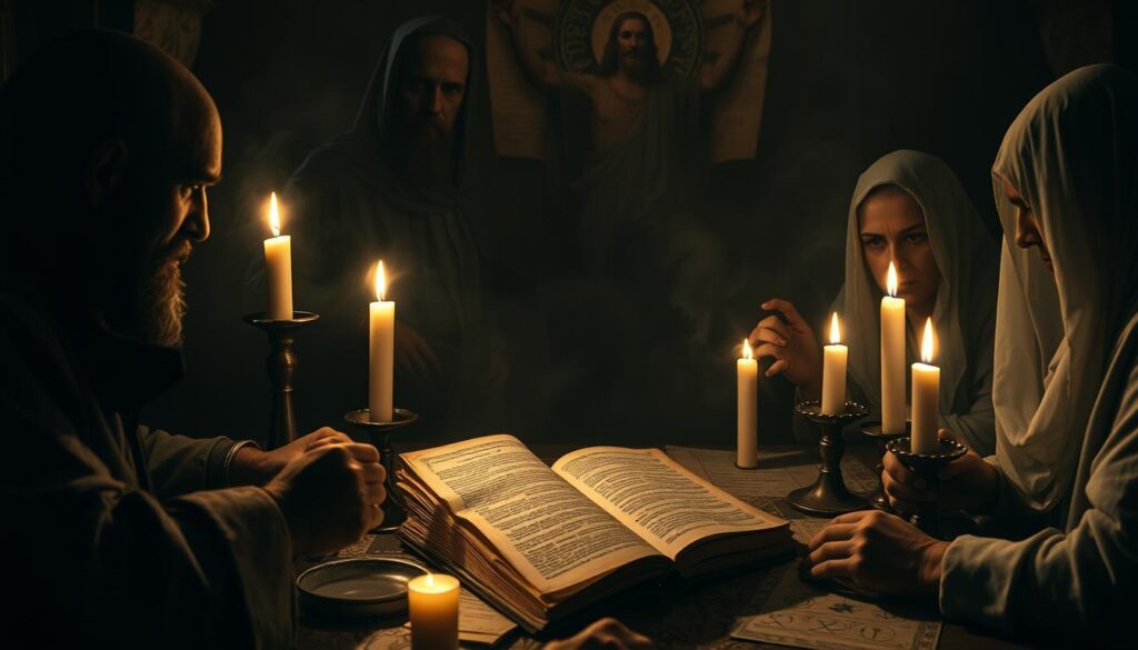 A dimly lit room, the air heavy with intrigue. In the center, a weathered tome, its pages revealing the secrets of the "Evangelio secreto de Marcos". Surrounding it, ghostly figures locked in debate, their expressions a tapestry of skepticism and fervor. Flickering candles cast long shadows, creating an atmosphere of mystery and tension. The light falls upon a mosaic of ancient parchments, symbols, and arcane diagrams, hinting at the profound significance and controversial nature of this hidden gospel. The scene evokes the weight of history, the clash of ideas, and the quest to uncover the true message of Jesus. A dimly lit room, the air heavy with intrigue. In the center, a weathered tome, its pages revealing the secrets of the "Evangelio secreto de Marcos". Surrounding it, ghostly figures locked in debate, their expressions a tapestry of skepticism and fervor. Flickering candles cast long shadows, creating an atmosphere of mystery and tension. The light falls upon a mosaic of ancient parchments, symbols, and arcane diagrams, hinting at the profound significance and controversial nature of this hidden gospel. The scene evokes the weight of history, the clash of ideas, and the quest to uncover the true message of Jesus.