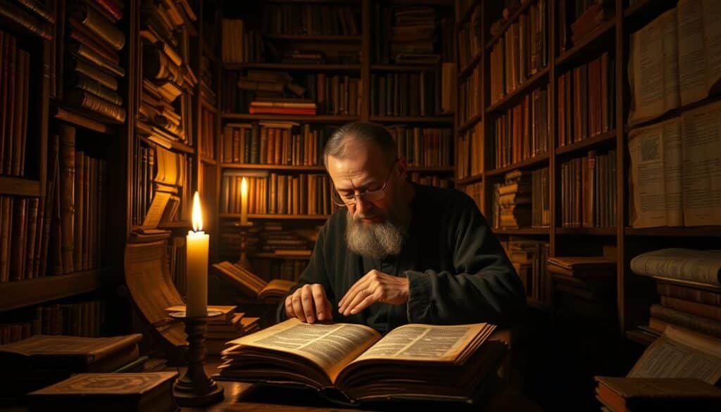 A dimly lit study filled with ancient tomes and parchments, illuminated by the warm glow of a single candle. In the center, a scholar pores over an old manuscript, brows furrowed in deep contemplation. The space is heavy with the weight of scholarly inquiry, the air thick with the scent of aging paper and the lingering fragrance of incense. Rows of shelves line the walls, their contents hinting at the wealth of knowledge and interpretations surrounding the Gospel of Philip. The atmosphere is one of reverence and intellectual curiosity, a scene of modern academics grappling with the profound mysteries of this Gnostic text.