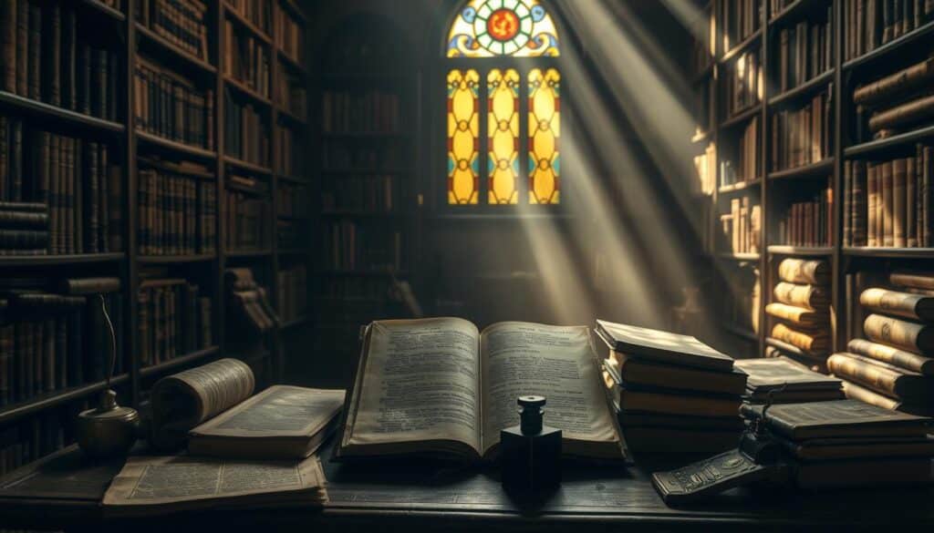 A dimly lit study, shelves of ancient tomes and worn leather bindings lining the walls. In the center, a meticulously arranged collection of handwritten manuscripts, their pages bearing the marks of time. Rays of soft, golden light filter in through a stained-glass window, casting an ethereal glow over the scene. Carefully placed artifacts, such as an antique inkwell and quill, suggest the scholarly work taking place. The atmosphere is one of reverence and intellectual discovery, as if the reader is delving into the secrets of the Apocryphal Gospels attributed to Bartholomew. A dimly lit study, shelves of ancient tomes and worn leather bindings lining the walls. In the center, a meticulously arranged collection of handwritten manuscripts, their pages bearing the marks of time. Rays of soft, golden light filter in through a stained-glass window, casting an ethereal glow over the scene. Carefully placed artifacts, such as an antique inkwell and quill, suggest the scholarly work taking place. The atmosphere is one of reverence and intellectual discovery, as if the reader is delving into the secrets of the Apocryphal Gospels attributed to Bartholomew.
