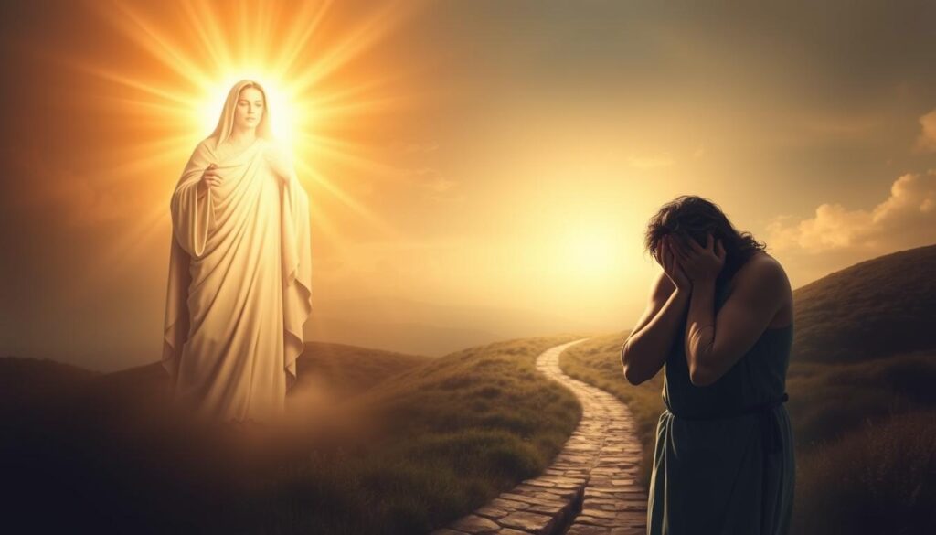 A divine light shines upon a figure embodying grace, radiating warmth and compassion. In the foreground, a second figure struggles under the weight of works, their countenance darkened by the burden of self-reliance. In the middle ground, a narrow path winds, symbolizing the choice between faith and deeds. The background depicts a serene, heavenly landscape, hinting at the promise of salvation through belief in Christ. Soft, diffused lighting casts a contemplative mood, inviting the viewer to reflect on the interplay of grace and works in the pursuit of eternal life. A divine light shines upon a figure embodying grace, radiating warmth and compassion. In the foreground, a second figure struggles under the weight of works, their countenance darkened by the burden of self-reliance. In the middle ground, a narrow path winds, symbolizing the choice between faith and deeds. The background depicts a serene, heavenly landscape, hinting at the promise of salvation through belief in Christ. Soft, diffused lighting casts a contemplative mood, inviting the viewer to reflect on the interplay of grace and works in the pursuit of eternal life.