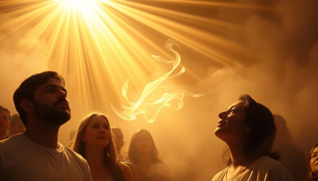 A dramatic scene of the Holy Spirit's conviction, illuminating hearts with divine radiance. In the foreground, figures are depicted with expressions of awe and reverence, their faces aglow with an ethereal light. Rays of golden light emanate from above, cascading down upon the scene, casting a warm, heavenly atmosphere. The middle ground features a sense of movement and energy, with the Spirit's presence manifested through swirling, translucent wisps of color. The background is shrouded in a serene, mist-like haze, adding depth and a sense of mystery to the composition. Soft, diffused lighting creates a contemplative, reverent mood, inviting the viewer to experience the transformative power of the Spirit's work.