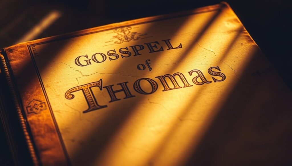 A dramatic, sepia-toned closeup of an ancient manuscript, the weathered cover bearing the title "Gospel of Thomas" in ornate, gilded calligraphy. The pages are cracked and yellowed, hinting at the secrets contained within. Shafts of warm, ethereal light illuminate the text, casting a reverent, mystical atmosphere. The image conveys a sense of the manuscript's historical significance and the profound wisdom it is said to hold - the lost teachings of Jesus, preserved for centuries. A dramatic, sepia-toned closeup of an ancient manuscript, the weathered cover bearing the title "Gospel of Thomas" in ornate, gilded calligraphy. The pages are cracked and yellowed, hinting at the secrets contained within. Shafts of warm, ethereal light illuminate the text, casting a reverent, mystical atmosphere. The image conveys a sense of the manuscript's historical significance and the profound wisdom it is said to hold - the lost teachings of Jesus, preserved for centuries.