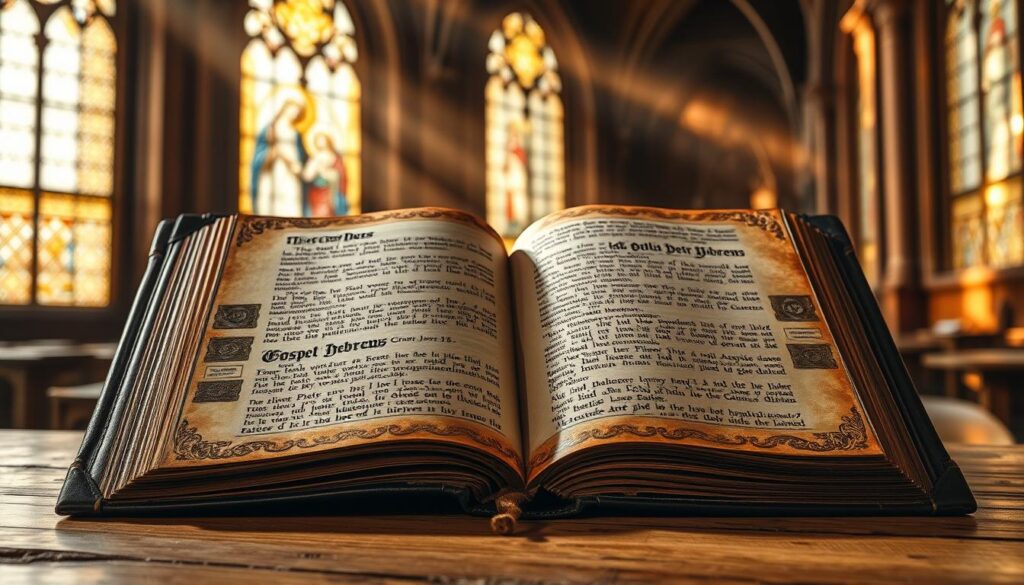 A grand ancient tome, its worn leather cover embossed with intricate designs, sits atop a wooden table. Shafts of warm, golden light filter through stained glass windows, casting a serene glow upon the weathered pages. The text within, written in an elegant, archaic script, details the sacred teachings and traditions of the Gospel of the Hebrews - a revered ancient Christian text. The atmosphere is one of reverence and scholarly contemplation, inviting the viewer to immerse themselves in the rich history and spirituality of this remarkable religious work. A grand ancient tome, its worn leather cover embossed with intricate designs, sits atop a wooden table. Shafts of warm, golden light filter through stained glass windows, casting a serene glow upon the weathered pages. The text within, written in an elegant, archaic script, details the sacred teachings and traditions of the Gospel of the Hebrews - a revered ancient Christian text. The atmosphere is one of reverence and scholarly contemplation, inviting the viewer to immerse themselves in the rich history and spirituality of this remarkable religious work.