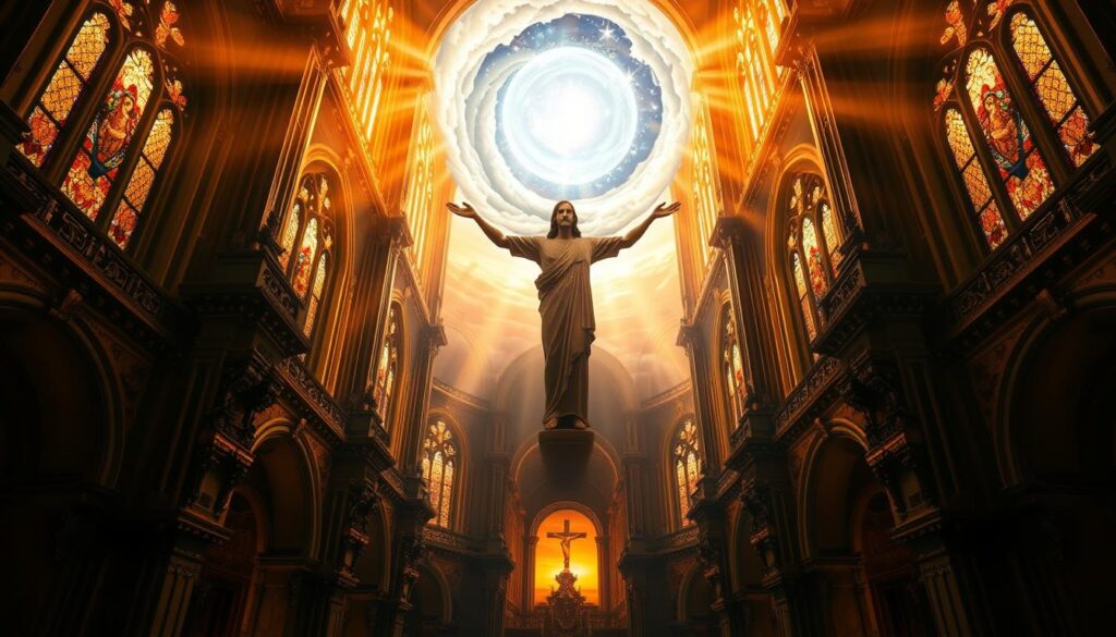 A grand cathedral interior, bathed in warm, golden light streaming through stained glass windows. In the center, a figure of Jesus Christ stands tall, arms outstretched, radiating a serene, benevolent presence. Surrounding him, a swirling celestial atmosphere of shimmering stars, clouds, and a distant, glowing horizon, suggesting the promise of eternal life. The architecture is ornate and detailed, with intricate columns, arches, and detailed carvings, creating a sense of timeless, sacred grandeur. The overall mood is one of reverence, wonder, and the transcendent, eternal nature of the divine promise. A grand cathedral interior, bathed in warm, golden light streaming through stained glass windows. In the center, a figure of Jesus Christ stands tall, arms outstretched, radiating a serene, benevolent presence. Surrounding him, a swirling celestial atmosphere of shimmering stars, clouds, and a distant, glowing horizon, suggesting the promise of eternal life. The architecture is ornate and detailed, with intricate columns, arches, and detailed carvings, creating a sense of timeless, sacred grandeur. The overall mood is one of reverence, wonder, and the transcendent, eternal nature of the divine promise.