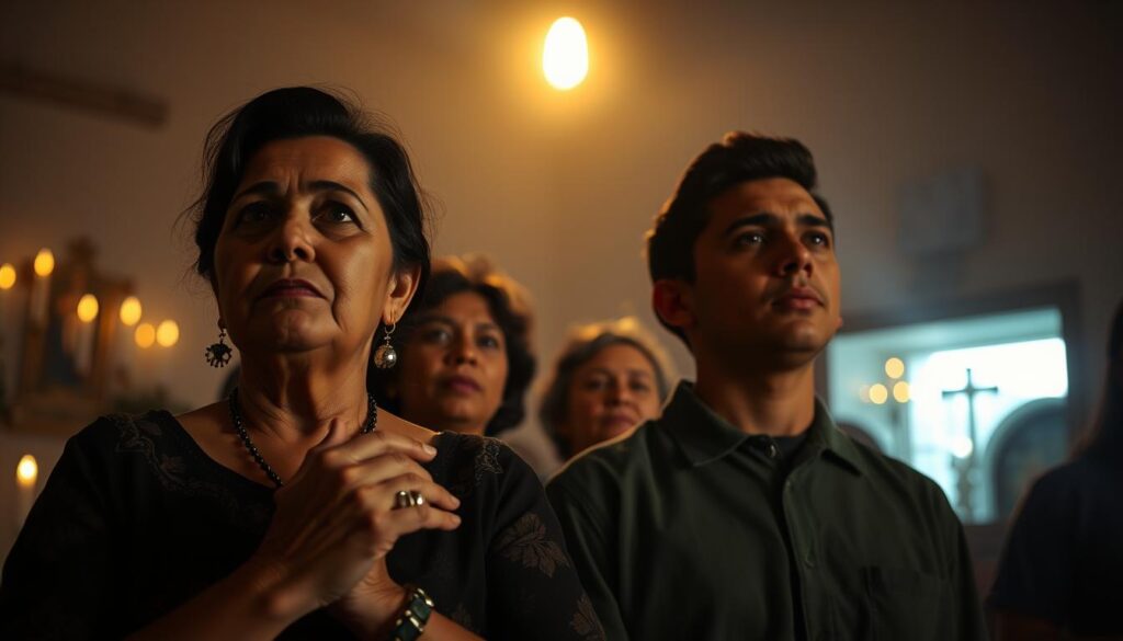 A group of Mexican people standing in a dimly lit indoor setting, their faces illuminated by a warm, golden light from a single overhead source. In the foreground, a middle-aged woman with a pensive expression holds a rosary, her hands clasped in prayer. To her side, a young man with a determined gaze looks upwards, his expression conveying a sense of divine protection. The background is hazy, with faint religious iconography and candles flickering, creating an atmosphere of reverence and mysticism. The scene captures the essence of contemporary Mexican testimonies of divine intervention against danger and evil. A group of Mexican people standing in a dimly lit indoor setting, their faces illuminated by a warm, golden light from a single overhead source. In the foreground, a middle-aged woman with a pensive expression holds a rosary, her hands clasped in prayer. To her side, a young man with a determined gaze looks upwards, his expression conveying a sense of divine protection. The background is hazy, with faint religious iconography and candles flickering, creating an atmosphere of reverence and mysticism. The scene captures the essence of contemporary Mexican testimonies of divine intervention against danger and evil.