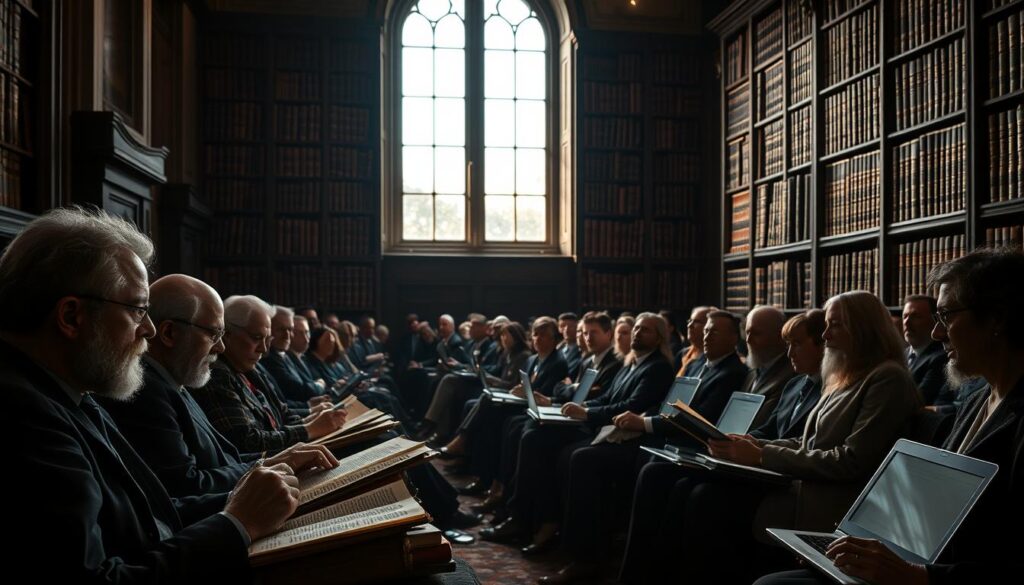 A high-contrast academic symposium scene, dimly lit by soft natural light filtering through tall windows. In the foreground, a panel of scholars in deep discussion, their expressions intense as they pore over ancient texts and manuscripts. The middle ground features rows of audience members, rapt with attention, their faces illuminated by the soft glow of laptop screens. In the background, towering bookshelves filled with leather-bound volumes cast long shadows, creating an atmosphere of scholarly contemplation. The overall mood is one of intellectual rigor and spirited debate surrounding the alternative perspectives on the Gospel of Judas. A high-contrast academic symposium scene, dimly lit by soft natural light filtering through tall windows. In the foreground, a panel of scholars in deep discussion, their expressions intense as they pore over ancient texts and manuscripts. The middle ground features rows of audience members, rapt with attention, their faces illuminated by the soft glow of laptop screens. In the background, towering bookshelves filled with leather-bound volumes cast long shadows, creating an atmosphere of scholarly contemplation. The overall mood is one of intellectual rigor and spirited debate surrounding the alternative perspectives on the Gospel of Judas.