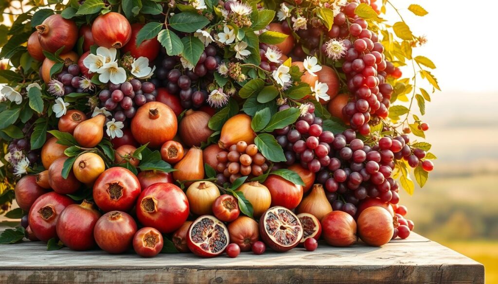 A lush and vibrant bouquet of "Frutos del Espíritu" - ripe and bountiful fruits overflowing with the blessings of God's word. In the foreground, an abundance of juicy pomegranates, figs, and grapes spill forth, their deep, rich colors a testament to the transformative power of obedience. Behind them, a tapestry of verdant foliage and delicate flowers sway gently in the soft, warm light, creating an atmosphere of serenity and renewal. The mid-ground features a weathered, wooden table, a simple yet sturdy foundation upon which these spiritual treasures are displayed. In the background, a serene, sun-dappled landscape unfolds, hinting at the boundless blessings that await those who walk in faithful obedience to the Lord. A lush and vibrant bouquet of "Frutos del Espíritu" - ripe and bountiful fruits overflowing with the blessings of God's word. In the foreground, an abundance of juicy pomegranates, figs, and grapes spill forth, their deep, rich colors a testament to the transformative power of obedience. Behind them, a tapestry of verdant foliage and delicate flowers sway gently in the soft, warm light, creating an atmosphere of serenity and renewal. The mid-ground features a weathered, wooden table, a simple yet sturdy foundation upon which these spiritual treasures are displayed. In the background, a serene, sun-dappled landscape unfolds, hinting at the boundless blessings that await those who walk in faithful obedience to the Lord.