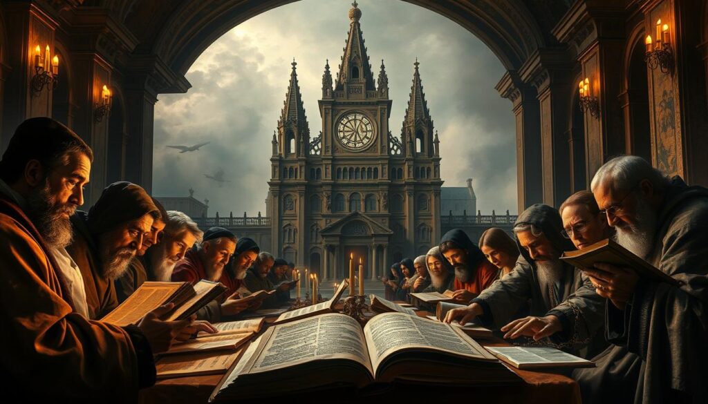 A majestic Renaissance-style painting depicting the historical-critical methods of biblical interpretation. In the foreground, a group of scholars pore over ancient manuscripts and scrolls, their faces illuminated by the warm glow of candlelight. In the middle ground, a grand cathedral looms, its ornate architecture and stained-glass windows symbolizing the rich theological tradition. The background is shrouded in a misty, atmospheric haze, suggesting the depth and complexity of the subject matter. The lighting is dramatic, with chiaroscuro effects casting deep shadows and highlights, adding to the sense of gravitas and scholarly rigor. The overall composition is balanced and harmonious, conveying the intellectual gravity of the "historical-critical methods" applied to the study of the Gospel. A majestic Renaissance-style painting depicting the historical-critical methods of biblical interpretation. In the foreground, a group of scholars pore over ancient manuscripts and scrolls, their faces illuminated by the warm glow of candlelight. In the middle ground, a grand cathedral looms, its ornate architecture and stained-glass windows symbolizing the rich theological tradition. The background is shrouded in a misty, atmospheric haze, suggesting the depth and complexity of the subject matter. The lighting is dramatic, with chiaroscuro effects casting deep shadows and highlights, adding to the sense of gravitas and scholarly rigor. The overall composition is balanced and harmonious, conveying the intellectual gravity of the "historical-critical methods" applied to the study of the Gospel.
