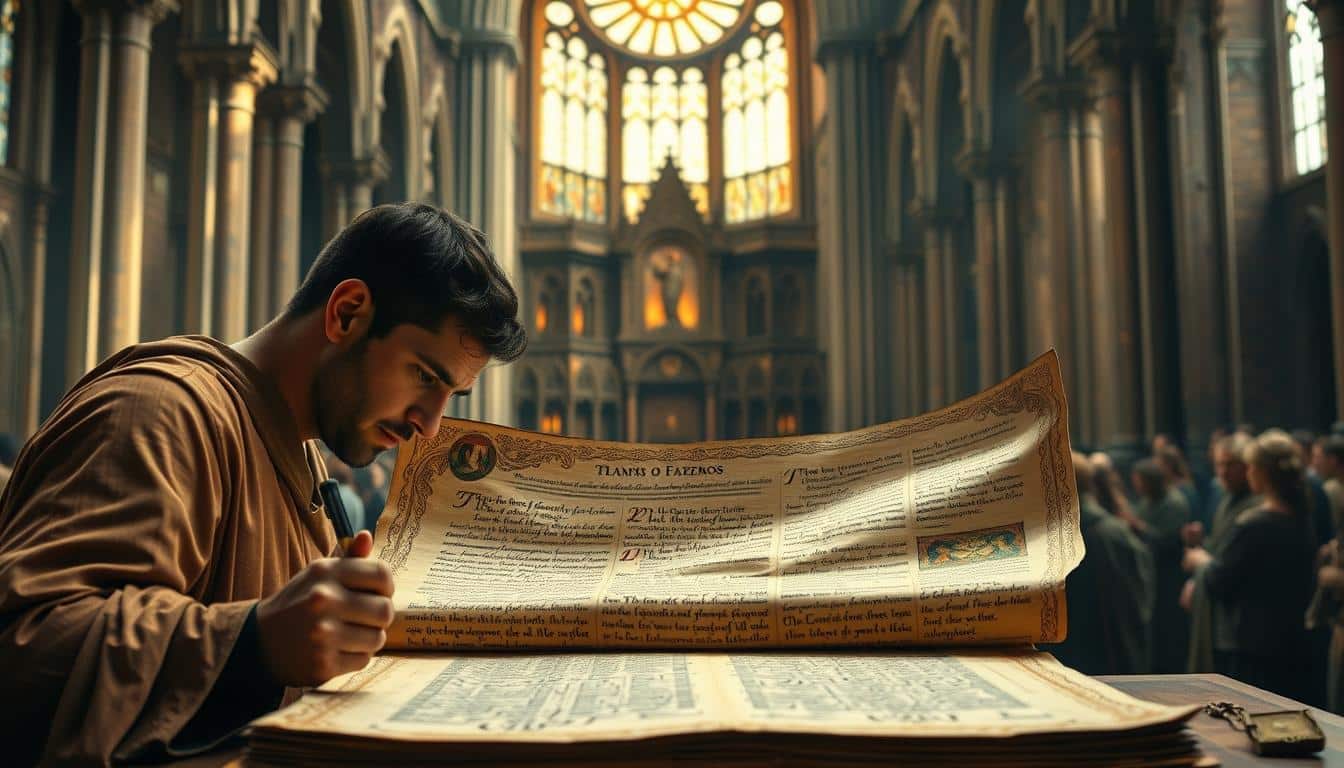 A majestic, ancient parchment scroll unfurls, revealing the intricate calligraphy and illuminations of the "Evangelio de los Nazarenos". Delicate golden filigree adorns the edges, casting a warm, reverent glow upon the sacred text. In the foreground, a scribe in flowing robes meticulously pens the words, their face obscured in contemplative focus. Behind them, a grand cathedral interior rises, its towering arches and stained glass windows bathed in soft, ethereal light. In the distance, a congregation of early Christians gathers, their expressions rapt as they study the precious Gospel. An atmosphere of profound spirituality and historic significance permeates the scene.