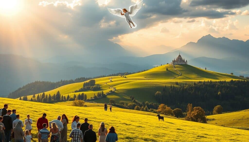 A majestic and serene landscape depicting the Kingdom of God as described in the Gospel of Luke. In the foreground, a group of people gather under the warm glow of the sun, embracing the principles of compassion, mercy, and justice embodied by the teachings of Jesus. The middle ground showcases a lush, verdant meadow, with a winding path leading towards a distant, ethereal city on a hill, symbolizing the heavenly realm of the Kingdom of God. The background features a breathtaking mountainous vista, evoking a sense of grandeur and the divine. The scene is illuminated by soft, diffused lighting, creating a peaceful and contemplative atmosphere. An angelic presence hovers overhead, watching over the faithful. The composition conveys the theological themes of the Kingdom of God and social justice as highlighted in the Gospel of Luke. A majestic and serene landscape depicting the Kingdom of God as described in the Gospel of Luke. In the foreground, a group of people gather under the warm glow of the sun, embracing the principles of compassion, mercy, and justice embodied by the teachings of Jesus. The middle ground showcases a lush, verdant meadow, with a winding path leading towards a distant, ethereal city on a hill, symbolizing the heavenly realm of the Kingdom of God. The background features a breathtaking mountainous vista, evoking a sense of grandeur and the divine. The scene is illuminated by soft, diffused lighting, creating a peaceful and contemplative atmosphere. An angelic presence hovers overhead, watching over the faithful. The composition conveys the theological themes of the Kingdom of God and social justice as highlighted in the Gospel of Luke.