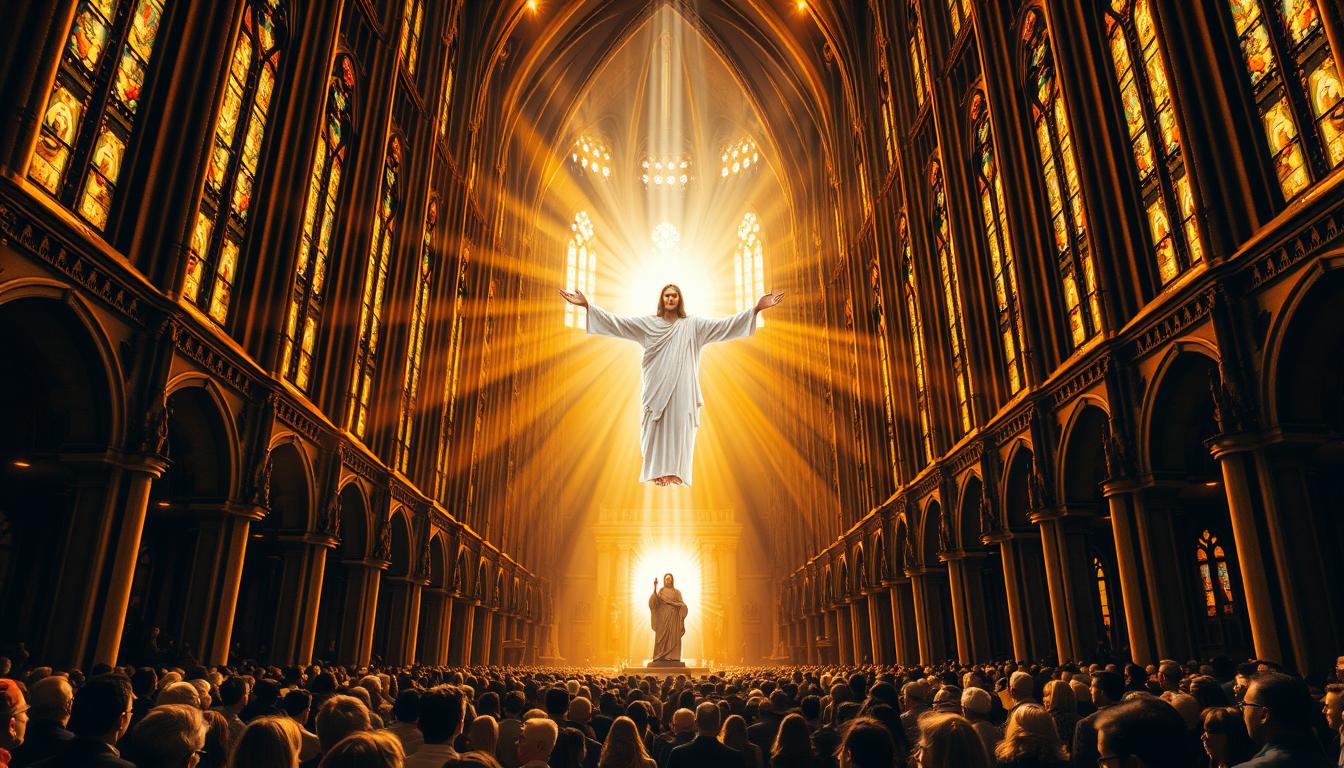 A majestic cathedral, its towering spires reaching towards the heavens, bathed in warm, golden light that filters through stained glass windows. At the center, a serene figure of Christ, his hands outstretched in an inviting gesture, his gaze radiating compassion and love. Beams of celestial light emanate from him, illuminating the reverent congregation gathered at his feet, their faces filled with awe and devotion. In the distance, a glowing portal of radiant energy, symbolizing the promise of eternal life for those who believe. The scene evokes a profound sense of spiritual transcendence, inviting the viewer to ponder the transformative power of faith.