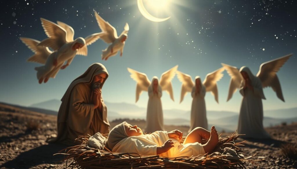 A majestic, ethereal scene depicting the prophetic fulfillment of Jesus' birth. In the foreground, a newborn baby Jesus lies swaddled in a manger, a soft, heavenly light emanating from his form. Around him, kneeling figures of Mary and Joseph gaze upon the child with reverence and awe. In the middle ground, a chorus of angelic beings, their wings outstretched, hover above the holy family, bathed in an iridescent glow. The background fades into a serene, celestial landscape, with shimmering stars and a brilliant, crescent moon casting a pensive, mystical atmosphere. The lighting is soft, diffused, and evocative, creating a sense of profound spiritual wonder and divine intervention. Capture the theological significance of Jesus' miraculous birth as foretold in the Gospel of Matthew.