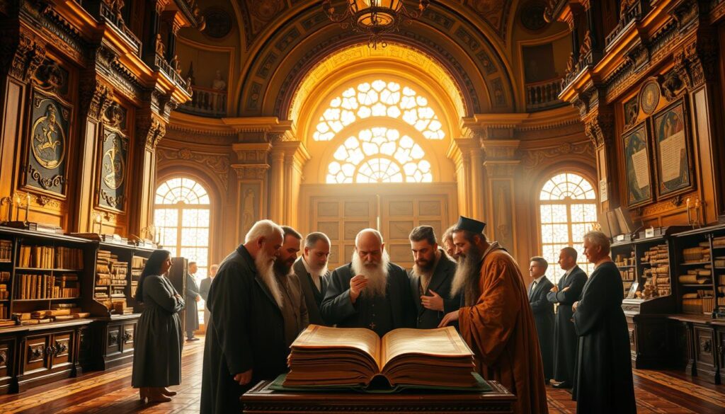 A majestic, ornate reception hall with intricate architectural details and a grand, arched entryway. The room is bathed in warm, golden light, creating a serene and reverent atmosphere. In the center, a group of scholarly figures gathers around an ancient, leather-bound tome, engrossed in deep discussion. Their expressions convey a sense of profound contemplation and reverence for the text. The background features shelves of ancient manuscripts and scrolls, hinting at the rich historical and theological context surrounding the reception of this sacred work. The overall scene evokes a sense of timelessness and the weight of scholarly tradition.