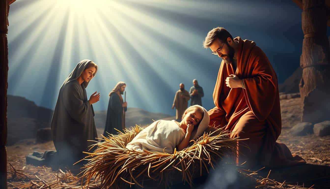 A majestic scene of the Nativity of Jesus as depicted in the Gospel of Matthew. In the foreground, the infant Jesus lies swaddled in a manger, surrounded by the adoring figures of the Virgin Mary and Saint Joseph. Heavenly light bathes the scene, while the three Wise Men bearing gifts approach from the distance, guided by a brilliant star shining in the night sky. The peaceful atmosphere evokes a sense of wonder and reverence, capturing the miraculous nature of Christ's birth and the beginning of his earthly ministry.