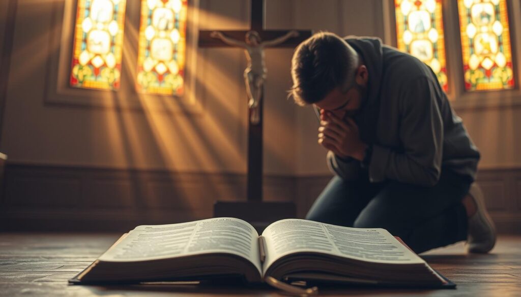 A man kneels humbly before a cross, his head bowed in genuine repentance. Rays of warm, golden light filter through stained glass windows, casting a reverent glow over the scene. The man's expression is one of sorrow and contrition, his hands clasped tightly as he seeks forgiveness and reconciliation. In the middle ground, an open Bible lies, its pages turned to a passage on salvation and the transformative power of faith. The background is a muted, contemplative interior, with subtle architectural details that evoke a sense of sacred space. The overall mood is one of introspection, grace, and the profound experience of genuine repentance.