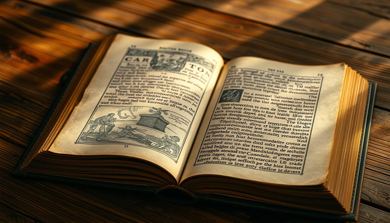 A meticulously crafted ancient tome with weathered leather covers, lying open on a wooden table. The pages filled with intricate hand-drawn illustrations and ornate calligraphic text in a language long forgotten. Soft, warm lighting casts an ethereal glow, highlighting the delicate texture of the parchment. Subtle shadows accentuate the depth and age of the manuscript, transporting the viewer to a bygone era of Christian traditions. The overall atmosphere is one of reverence, mystery, and a sense of unearthing a precious relic from the past.