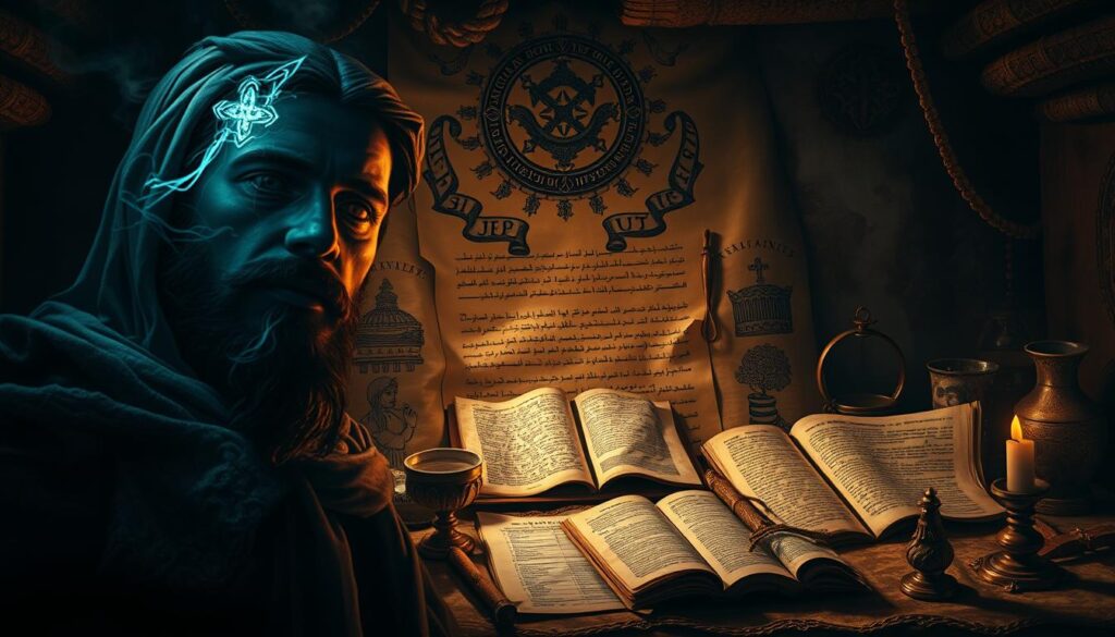 A mystical scene unfolding, where ancient myths and the Gospel of Judas intertwine. In the foreground, a dramatic rendering of Judas Iscariot, his face shrouded in an ethereal glow. Intricate, symbolic imagery fills the middle ground - ancient texts, scrolls, and artifacts alluding to the complexities and misconceptions surrounding this controversial figure. The background evokes a timeless, contemplative atmosphere, with subtle hints of religious iconography and mystical elements. Dramatic lighting casts dramatic shadows, lending an air of mystery and depth to the overall composition. A visually striking yet thoughtful depiction, capturing the essence of the "Mitos, malentendidos y aclaraciones comunes" section of the article. A mystical scene unfolding, where ancient myths and the Gospel of Judas intertwine. In the foreground, a dramatic rendering of Judas Iscariot, his face shrouded in an ethereal glow. Intricate, symbolic imagery fills the middle ground - ancient texts, scrolls, and artifacts alluding to the complexities and misconceptions surrounding this controversial figure. The background evokes a timeless, contemplative atmosphere, with subtle hints of religious iconography and mystical elements. Dramatic lighting casts dramatic shadows, lending an air of mystery and depth to the overall composition. A visually striking yet thoughtful depiction, capturing the essence of the "Mitos, malentendidos y aclaraciones comunes" section of the article.
