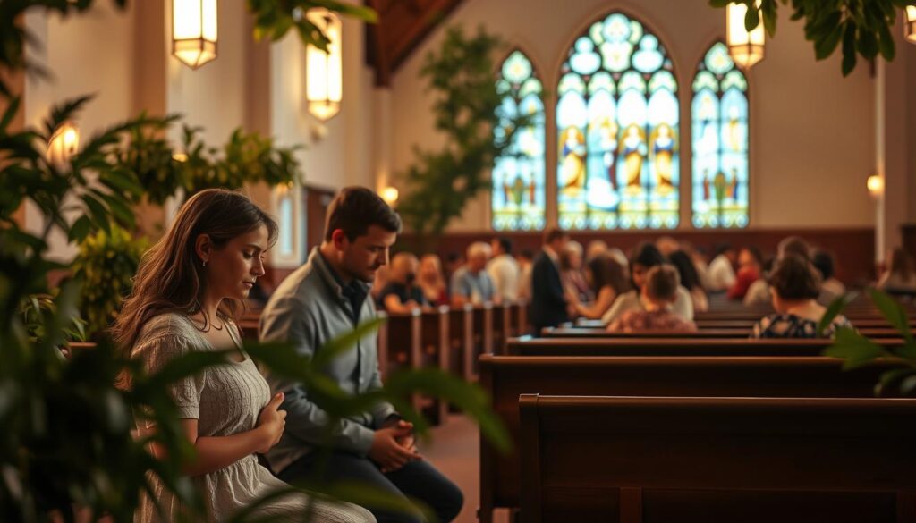 A peaceful church interior with warm lighting, surrounded by a lush, verdant landscape. In the foreground, a family kneels in prayer, their expressions reflecting solemnity and reconciliation. The middle ground features pews filled with people, their hands clasped, conveying a sense of community and shared faith. In the background, stained glass windows cast a soft, ethereal glow, symbolizing the divine presence. The scene evokes a atmosphere of restoration, healing, and the transformative power of faith and the church in mending broken relationships.