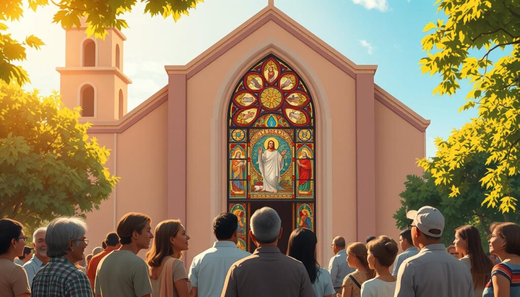 A peaceful, serene illustration of a Mexican Catholic church, its facade illuminated by warm, golden sunlight filtering through lush, verdant foliage. In the foreground, a group of people of diverse ages and backgrounds engage in thoughtful discussion, their faces radiating the joy and wisdom of their shared faith in the Gospel of John. The middle ground features an ornate, intricate stained-glass window depicting scenes from the life of Jesus, casting colorful, kaleidoscopic patterns across the scene. In the background, a cloudless, azure sky stretches out, symbolizing the boundless love and divinity of Christ. The overall composition conveys a sense of community, contemplation, and the practical application of the teachings of the Gospel in the lives of modern-day Mexicans. A peaceful, serene illustration of a Mexican Catholic church, its facade illuminated by warm, golden sunlight filtering through lush, verdant foliage. In the foreground, a group of people of diverse ages and backgrounds engage in thoughtful discussion, their faces radiating the joy and wisdom of their shared faith in the Gospel of John. The middle ground features an ornate, intricate stained-glass window depicting scenes from the life of Jesus, casting colorful, kaleidoscopic patterns across the scene. In the background, a cloudless, azure sky stretches out, symbolizing the boundless love and divinity of Christ. The overall composition conveys a sense of community, contemplation, and the practical application of the teachings of the Gospel in the lives of modern-day Mexicans.