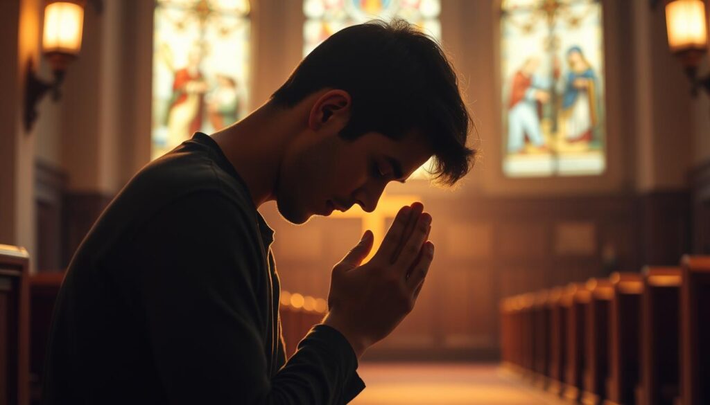A person kneeling, head bowed, hands clasped in a gesture of penitence, bathed in soft, warm lighting. Behind them, a serene, blurred background of a church interior, stained glass windows casting a gentle, reverent glow. The atmosphere conveys a sense of humility, contrition, and the quiet restoration of the soul. The image captures the essence of seeking and granting forgiveness, a pivotal step towards spiritual renewal. A person kneeling, head bowed, hands clasped in a gesture of penitence, bathed in soft, warm lighting. Behind them, a serene, blurred background of a church interior, stained glass windows casting a gentle, reverent glow. The atmosphere conveys a sense of humility, contrition, and the quiet restoration of the soul. The image captures the essence of seeking and granting forgiveness, a pivotal step towards spiritual renewal.