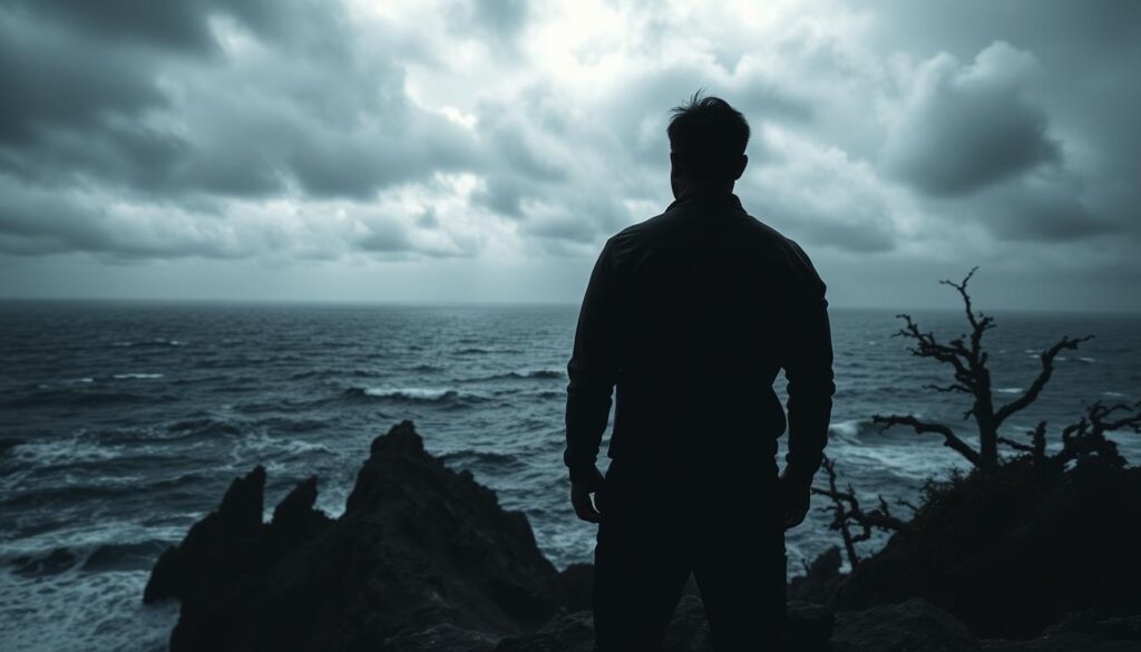 A person standing on a rocky cliff, gazing out over a vast, turbulent sea. The sky is filled with dark, swirling clouds, casting an uncertain, ominous light. In the foreground, the figure is silhouetted, their shoulders hunched, conveying a sense of inner conflict and doubt. The middle ground features a rugged, windswept landscape, with jagged outcroppings and gnarled trees, suggesting a treacherous journey. The background is dominated by the churning, foaming waves, hinting at the depths of uncertainty and the promise of tranquility beyond. The scene is bathed in a moody, chiaroscuro lighting, creating a palpable atmosphere of unease and contemplation.