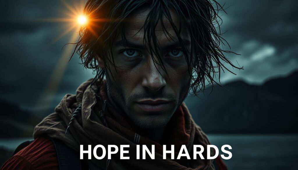 A person weathering a storm, face half-shadowed, yet illuminated by a glimmer of radiant hope. Tattered clothing, battered by wind and rain, yet the eyes reflect a quiet resilience. A single beam of light pierces the gloomy backdrop, casting a warm glow upon the figure, signifying divine providence amidst adversity. Rugged terrain in the distance, hinting at the treacherous journey, while a serene lake in the foreground mirrors the inner calm. Dramatic chiaroscuro lighting accentuates the contrast between the harsh environment and the individual's unwavering spirit, conveying the message of "hope in hardship". A person weathering a storm, face half-shadowed, yet illuminated by a glimmer of radiant hope. Tattered clothing, battered by wind and rain, yet the eyes reflect a quiet resilience. A single beam of light pierces the gloomy backdrop, casting a warm glow upon the figure, signifying divine providence amidst adversity. Rugged terrain in the distance, hinting at the treacherous journey, while a serene lake in the foreground mirrors the inner calm. Dramatic chiaroscuro lighting accentuates the contrast between the harsh environment and the individual's unwavering spirit, conveying the message of "hope in hardship".