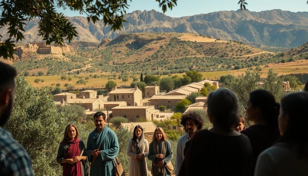 A picturesque scene of the ancient Nazarene communities, captured through the lens of a skilled cinematographer. In the foreground, a group of devout followers gather in a simple yet reverent worship setting, their faces alight with spiritual devotion. The middle ground reveals the modest but well-tended dwellings of the Nazarenes, nestled amidst lush, rolling hills and verdant olive groves. The background is framed by the rugged, sun-dappled landscape of Judea, evoking a sense of timeless, historical authenticity. The lighting is soft and diffused, creating an atmosphere of tranquility and contemplation, as if inviting the viewer to step back in time and experience the profound significance of these early Christian communities. A picturesque scene of the ancient Nazarene communities, captured through the lens of a skilled cinematographer. In the foreground, a group of devout followers gather in a simple yet reverent worship setting, their faces alight with spiritual devotion. The middle ground reveals the modest but well-tended dwellings of the Nazarenes, nestled amidst lush, rolling hills and verdant olive groves. The background is framed by the rugged, sun-dappled landscape of Judea, evoking a sense of timeless, historical authenticity. The lighting is soft and diffused, creating an atmosphere of tranquility and contemplation, as if inviting the viewer to step back in time and experience the profound significance of these early Christian communities.