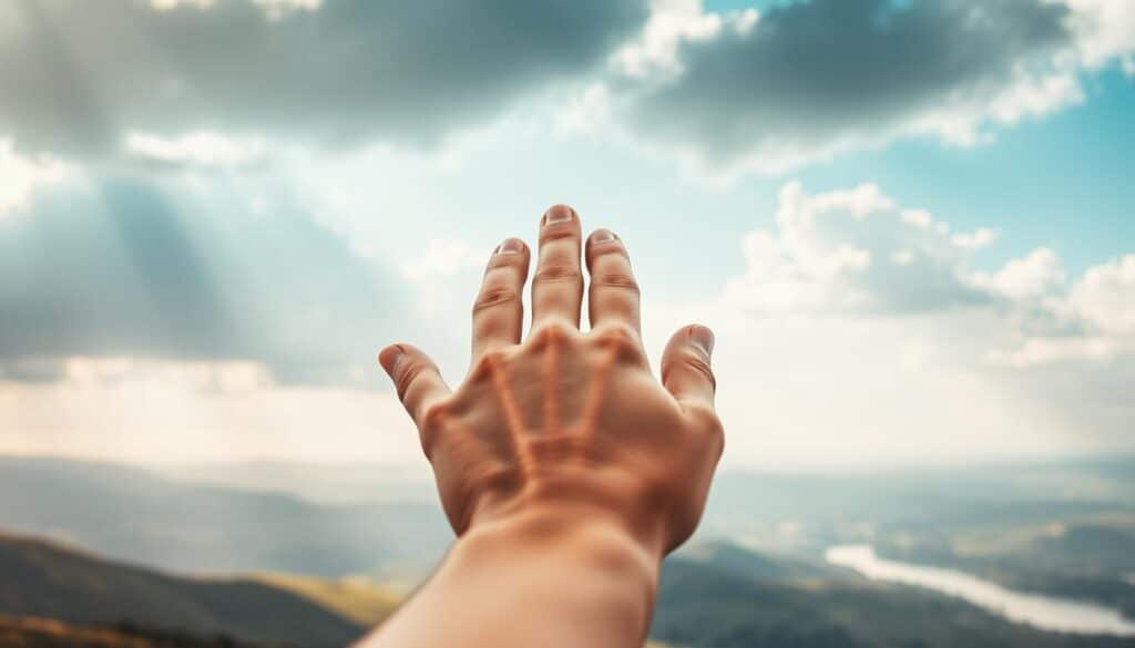 A prayerful hand reaching towards the heavens, palm outstretched in a gesture of supplication. Shafts of ethereal light filtering through clouds, bathing the scene in a soft, reverent glow. In the background, a serene landscape unfolds - rolling hills, a gentle river, and a distant horizon that speaks of hope and new beginnings. The figure's posture conveys a sense of humility and surrender, a plea for restoration and divine grace. Warm, muted tones evoke a contemplative, introspective mood, inviting the viewer to join in the journey of spiritual renewal. A prayerful hand reaching towards the heavens, palm outstretched in a gesture of supplication. Shafts of ethereal light filtering through clouds, bathing the scene in a soft, reverent glow. In the background, a serene landscape unfolds - rolling hills, a gentle river, and a distant horizon that speaks of hope and new beginnings. The figure's posture conveys a sense of humility and surrender, a plea for restoration and divine grace. Warm, muted tones evoke a contemplative, introspective mood, inviting the viewer to join in the journey of spiritual renewal.