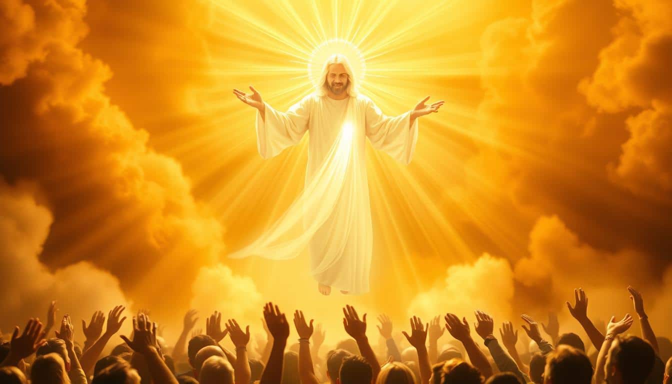 A radiant, ethereal figure representing the Gift of the Holy Spirit, bathed in a warm, golden light. The divine figure hovers amidst a swirling, cloud-like background, hands outstretched to empower and inspire a congregation of believers. Rays of celestial energy emanate from the figure, illuminating the uplifted faces and outstretched hands of the reverent worshippers below. The scene is imbued with a sense of reverence, awe, and the transformative power of the Holy Spirit.