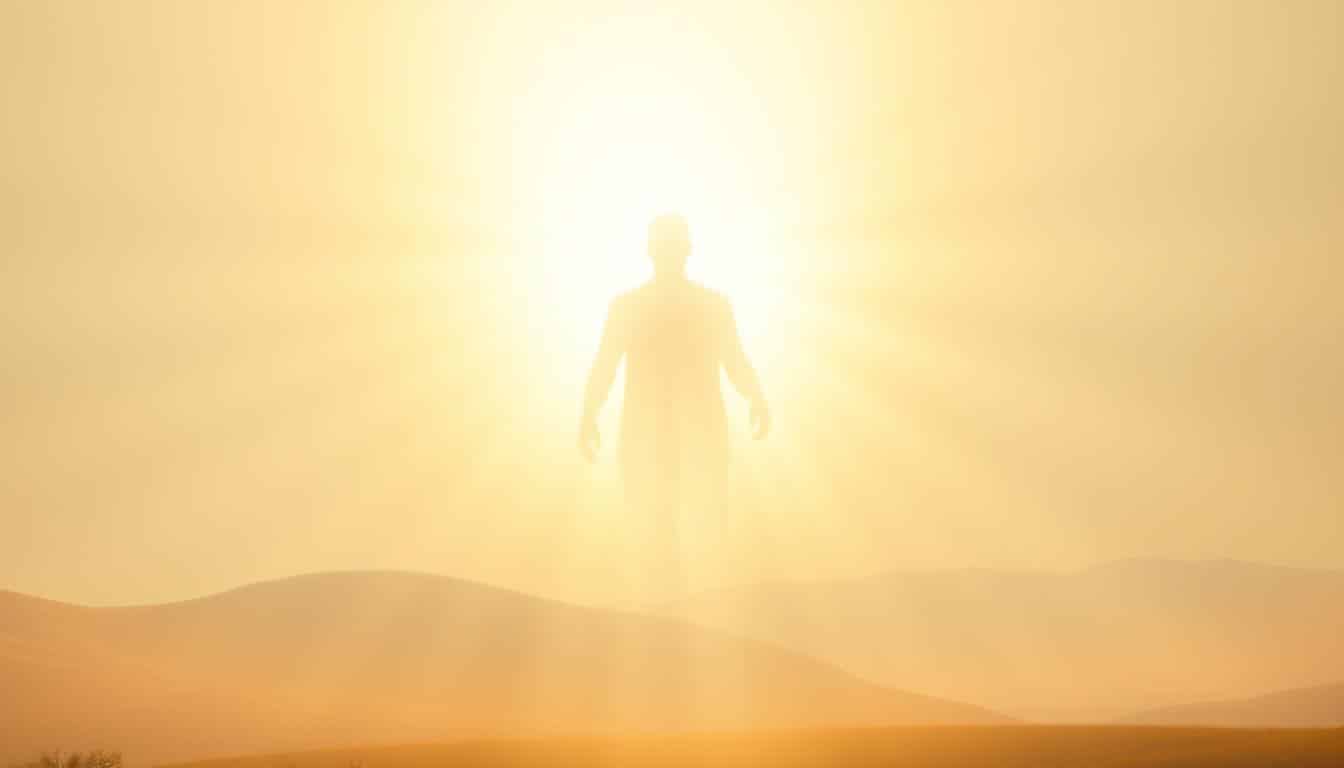 A radiant, ethereal presence fills the frame, a vibrant glow emanating from the center. The soft, warm light illuminates the scene, casting a tranquil, almost reverent atmosphere. Rays of light cascade down, creating a sense of divine grace and heavenly connection. The background is a serene, contemplative landscape, with gentle hills and a distant horizon, suggesting a peaceful, spiritual setting. The figure in the center is shrouded in a luminous aura, their features indistinct but exuding a powerful, transcendent energy. The composition is balanced and harmonious, drawing the viewer's gaze to the central point of focus, where the presence of the Holy Spirit is palpable and profound.