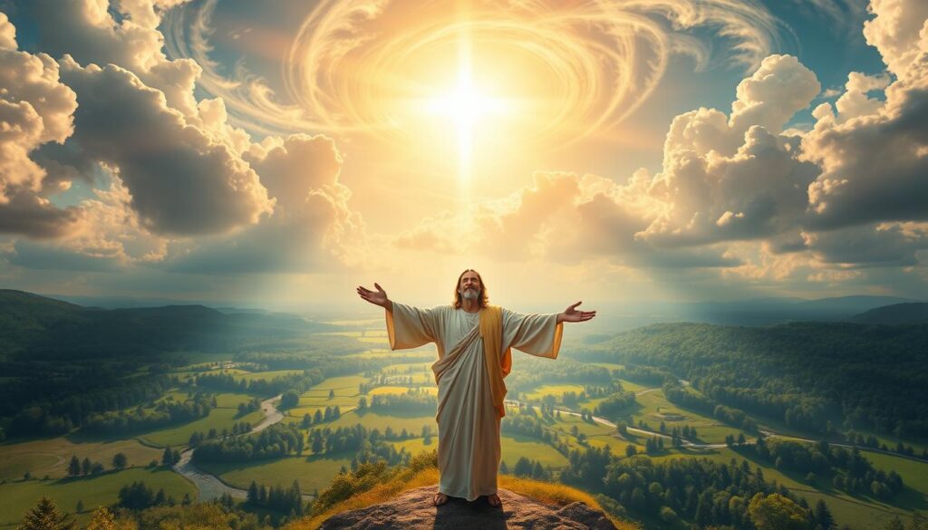 A radiant vision of the Heavens, where the promised return of Christ ushers in an age of boundless abundance and divine restoration. Bathed in celestial light, a serene landscape unfolds - lush meadows, flowing rivers, and verdant forests, symbolic of the resplendent life to come. In the foreground, a majestic figure, the Savior, stands tall, arms outstretched in benediction, his gaze filled with compassion and promise. Swirling clouds part, revealing a glorious sky alight with the promise of redemption, the spirit of hope and renewal palpable in every detail. A high-angle perspective captures the grandeur of this eschatological vision, inviting the viewer to bask in the splendor of the eternal promise. A radiant vision of the Heavens, where the promised return of Christ ushers in an age of boundless abundance and divine restoration. Bathed in celestial light, a serene landscape unfolds - lush meadows, flowing rivers, and verdant forests, symbolic of the resplendent life to come. In the foreground, a majestic figure, the Savior, stands tall, arms outstretched in benediction, his gaze filled with compassion and promise. Swirling clouds part, revealing a glorious sky alight with the promise of redemption, the spirit of hope and renewal palpable in every detail. A high-angle perspective captures the grandeur of this eschatological vision, inviting the viewer to bask in the splendor of the eternal promise.