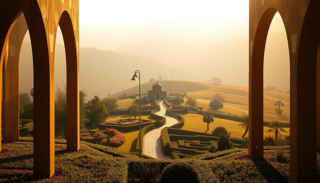 A serene and contemplative landscape, bathed in warm, golden light. In the foreground, a series of distinctive parabolic arches stand tall, their elegant curves casting intricate shadows on the ground. The arches are arranged in a harmonious, symmetrical pattern, creating a sense of balance and tranquility. In the middle ground, a lush, verdant garden unfolds, with vibrant flowers and meticulously trimmed hedges. A winding path leads the viewer's gaze towards a small, quaint building in the distance, its architecture reflecting the traditional styles of the region. The background is dominated by a gentle, rolling hillside, its contours softened by the hazy, atmospheric light. The entire scene evokes a sense of timelessness and spiritual contemplation, inviting the viewer to reflect on the deeper meanings and significance of the parabolic motif. A serene and contemplative landscape, bathed in warm, golden light. In the foreground, a series of distinctive parabolic arches stand tall, their elegant curves casting intricate shadows on the ground. The arches are arranged in a harmonious, symmetrical pattern, creating a sense of balance and tranquility. In the middle ground, a lush, verdant garden unfolds, with vibrant flowers and meticulously trimmed hedges. A winding path leads the viewer's gaze towards a small, quaint building in the distance, its architecture reflecting the traditional styles of the region. The background is dominated by a gentle, rolling hillside, its contours softened by the hazy, atmospheric light. The entire scene evokes a sense of timelessness and spiritual contemplation, inviting the viewer to reflect on the deeper meanings and significance of the parabolic motif.